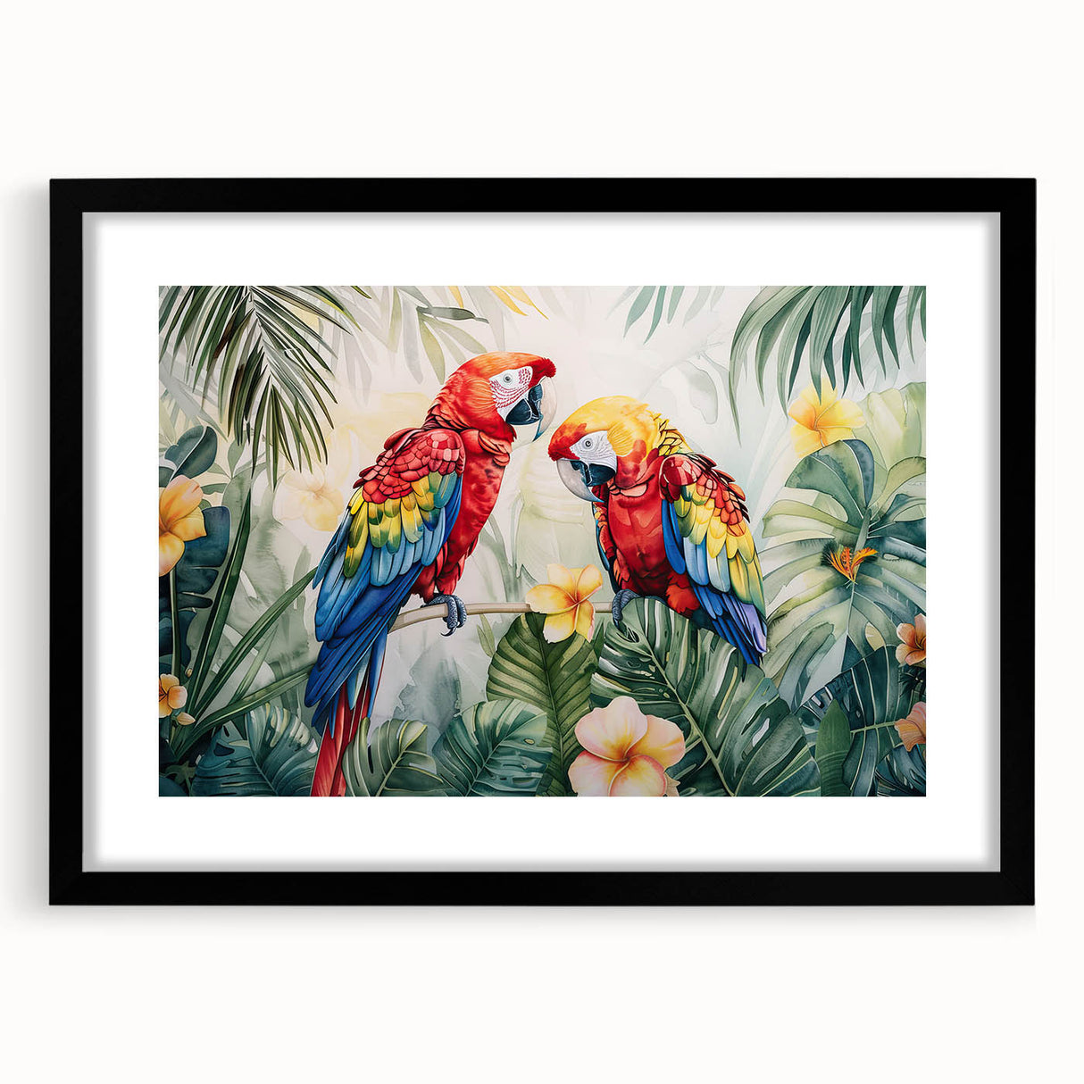 Framed wall art collection showcasing vibrant parrot designs in a sleek black frame, ideal for tropical-themed decor and bird enthusiasts. Perfect for enhancing living spaces with colorful wildlife artistry.