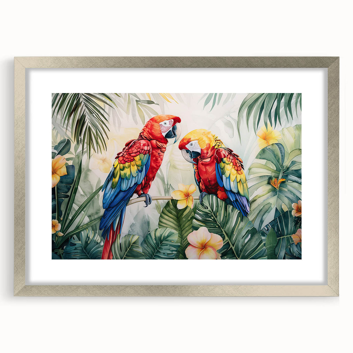 Wall art collection featuring a vibrant design of colorful parrots framed with a silver mat, ideal for enhancing home decor and celebrating nature’s beauty.