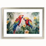 Wall art collection featuring a vibrant design of colorful parrots framed with a silver mat, ideal for enhancing home decor and celebrating nature’s beauty.