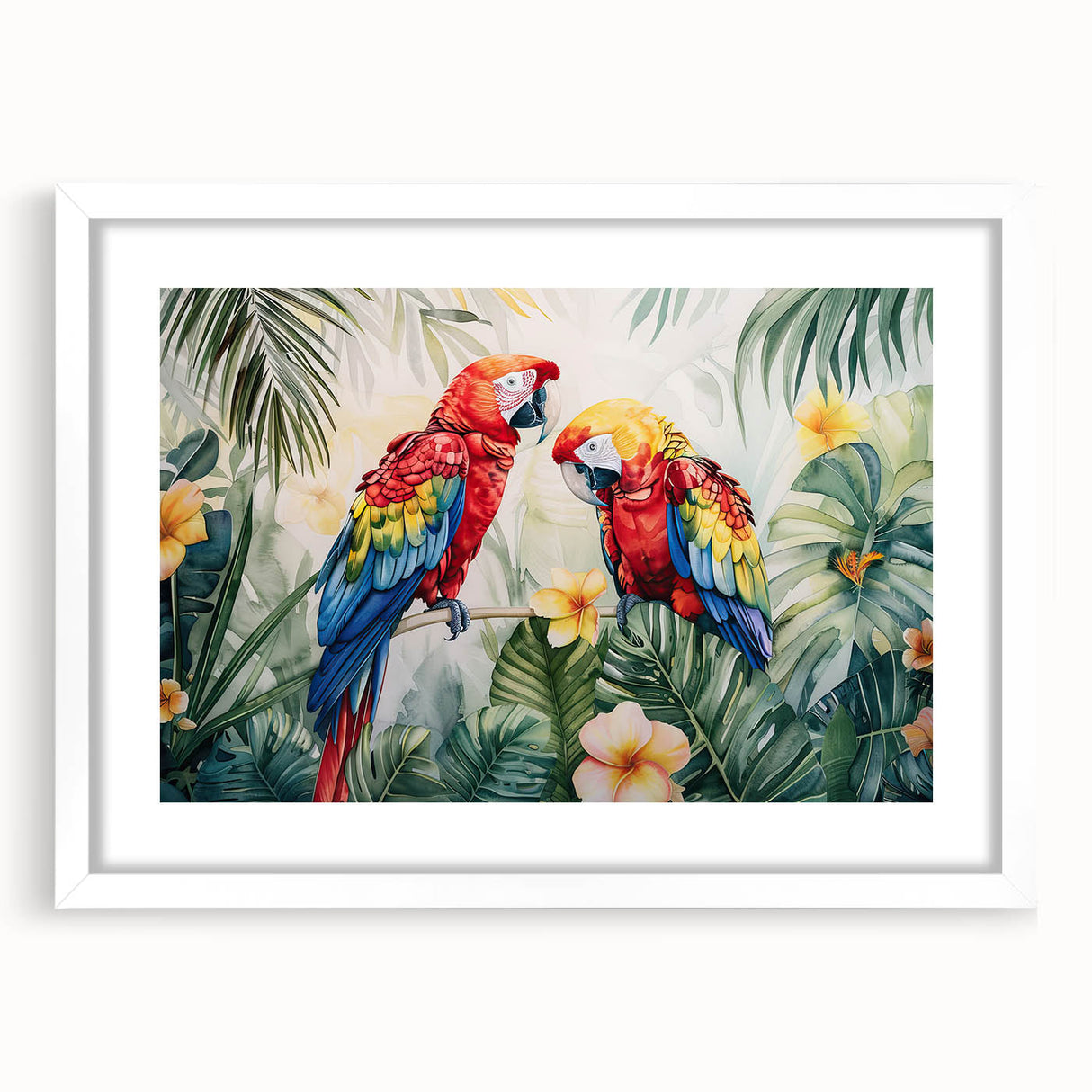 Framed wall art featuring a vibrant parrot design on a white mat, showcasing colorful birds in a modern setting, perfect for home decor enthusiasts.