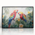 Framed wall art collection featuring vibrant parrot designs with a sleek black frame, showcasing colorful details and a contemporary aesthetic for home decor.
