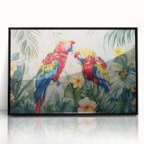 Framed wall art collection featuring vibrant parrot designs with a sleek black frame, showcasing colorful details and a contemporary aesthetic for home decor.