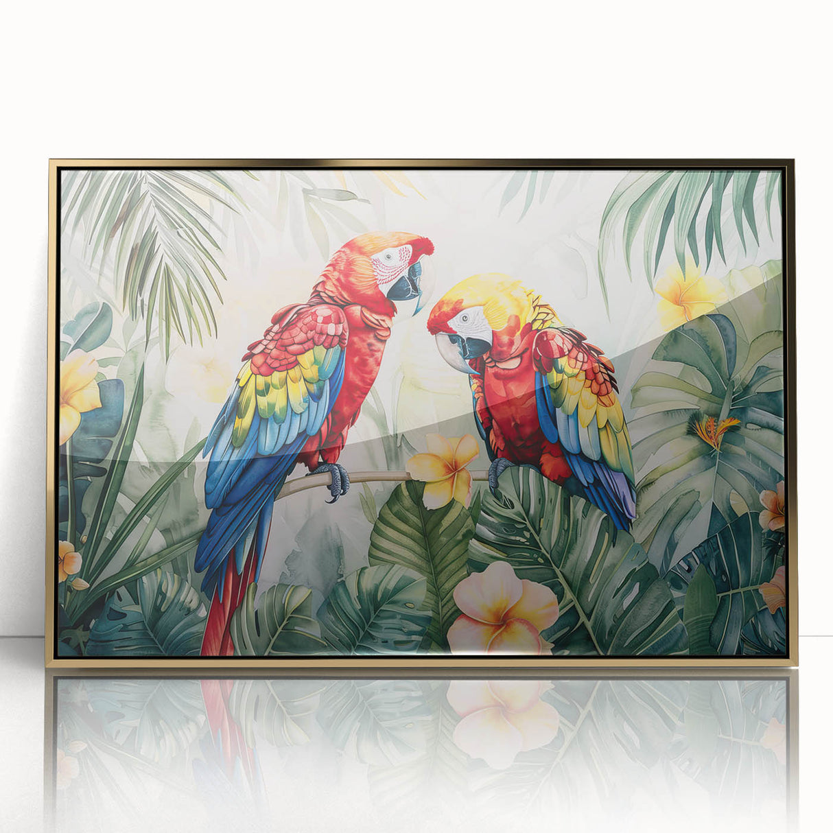 Framed wall art featuring a vibrant design of colorful parrots on a gold-accented background, ideal for enhancing modern decor in living spaces.