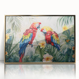 Framed wall art featuring a vibrant design of colorful parrots on a gold-accented background, ideal for enhancing modern decor in living spaces.