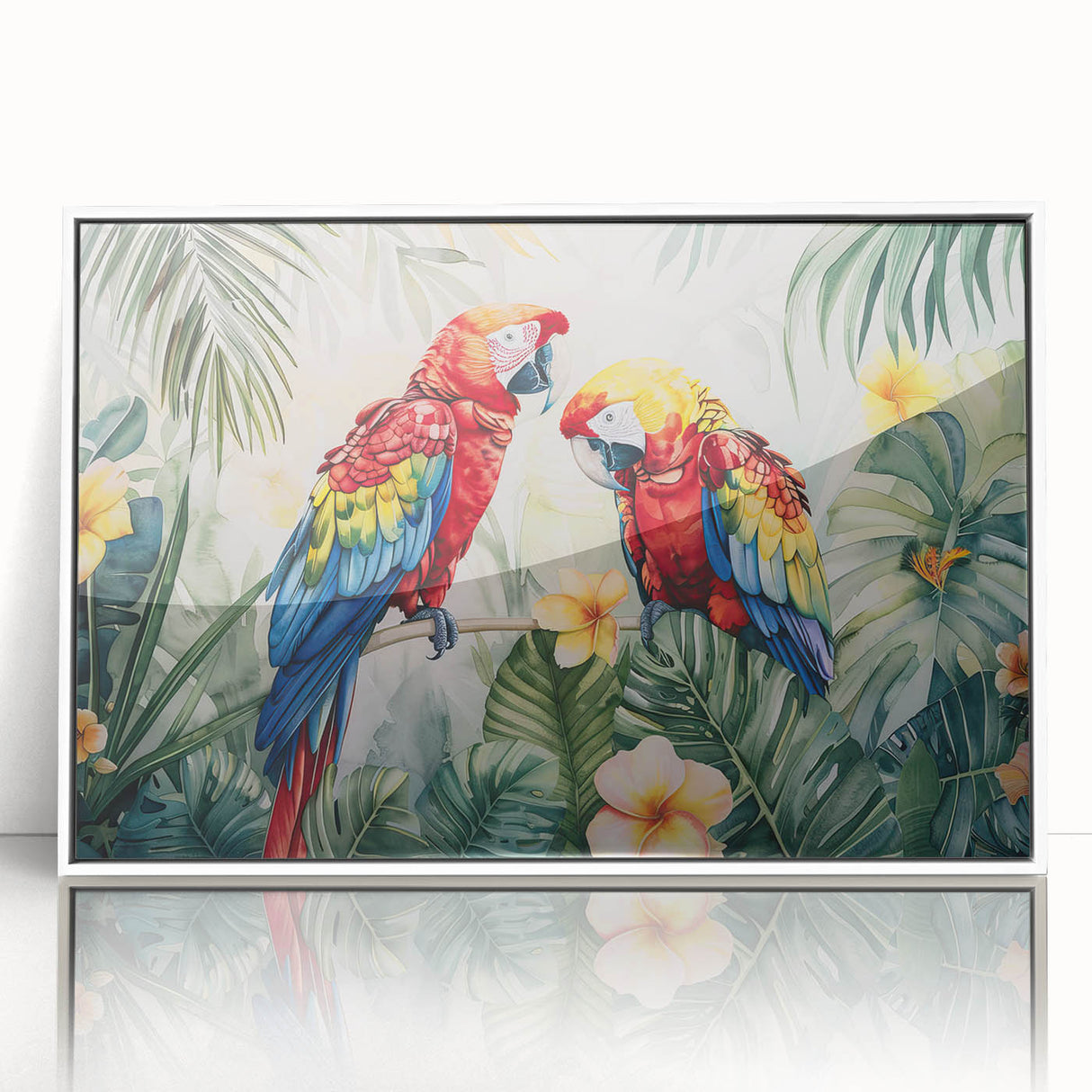 Framed wall art featuring a vibrant parrot design with colorful feathers, set in a sleek white frame, ideal for adding a tropical touch to any room decor.