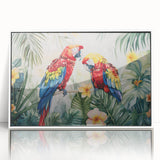 Framed wall art featuring a vibrant parrot design with colorful feathers, set in a sleek white frame, ideal for adding a tropical touch to any room decor.