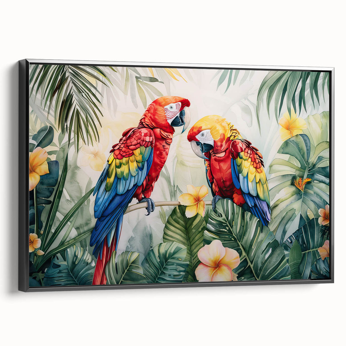 Framed canvas wall art showcasing a vibrant parrot design with a black frame, perfect for adding a tropical flair to home decor. Ideal for bird lovers and nature enthusiasts.