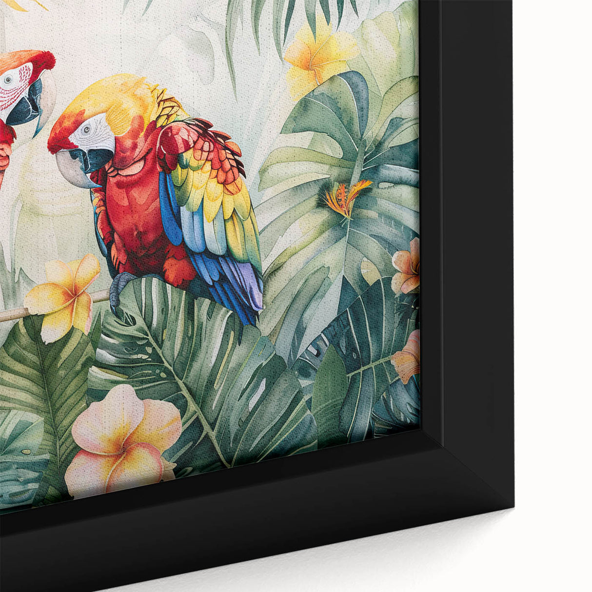 Close-up of a vibrant framed canvas wall art featuring a colorful parrot design, showcasing intricate details and textures, perfect for enhancing modern home decor.