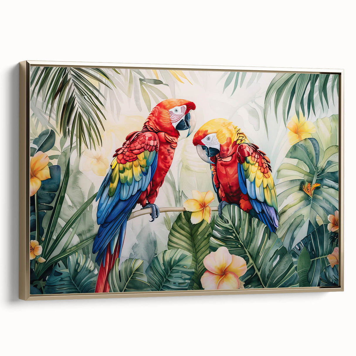 Framed canvas wall art showcasing a vibrant design of colorful parrots on a gold background, ideal for enhancing modern home decor. Perfect for bird lovers.