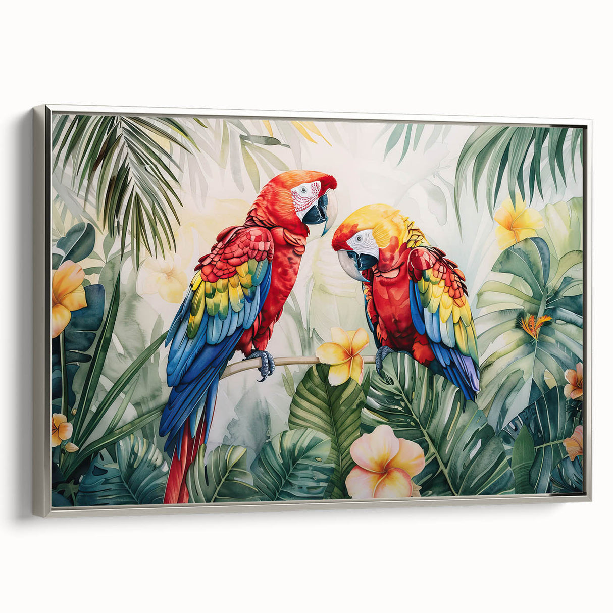 Framed canvas wall art featuring a vibrant design of colorful parrots against a silver background, showcasing intricate details and perfect for bird lovers' decor.