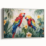Framed canvas wall art featuring a vibrant design of colorful parrots against a silver background, showcasing intricate details and perfect for bird lovers' decor.