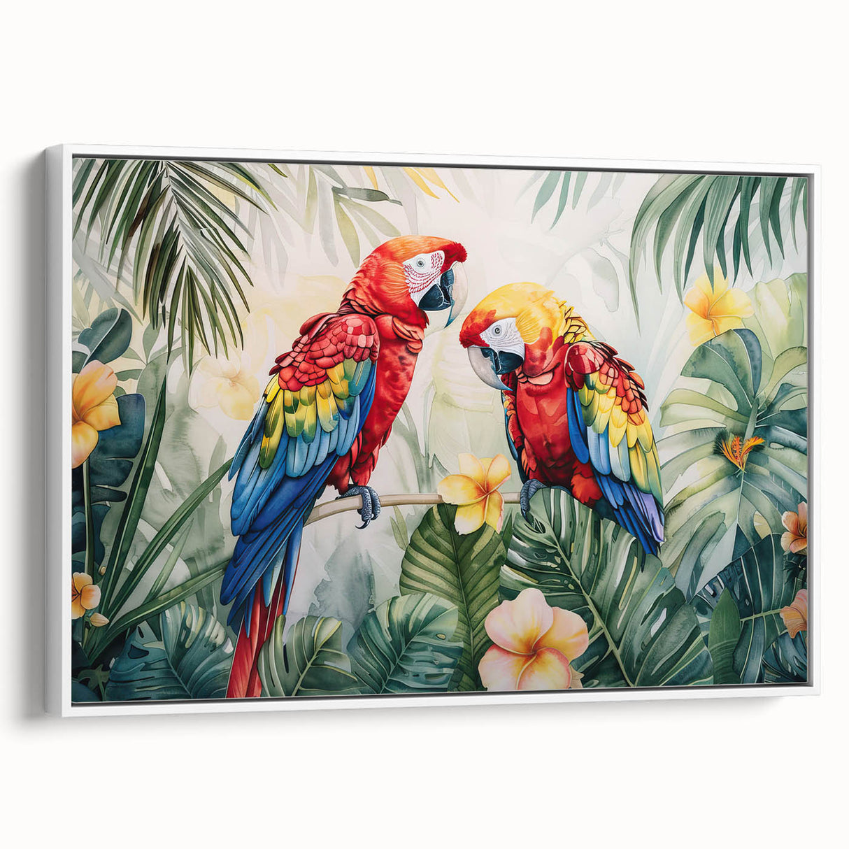 Framed canvas wall art featuring vibrant parrots in a lush tropical setting, showcasing detailed colors and textures, ideal for home decor enthusiasts.
