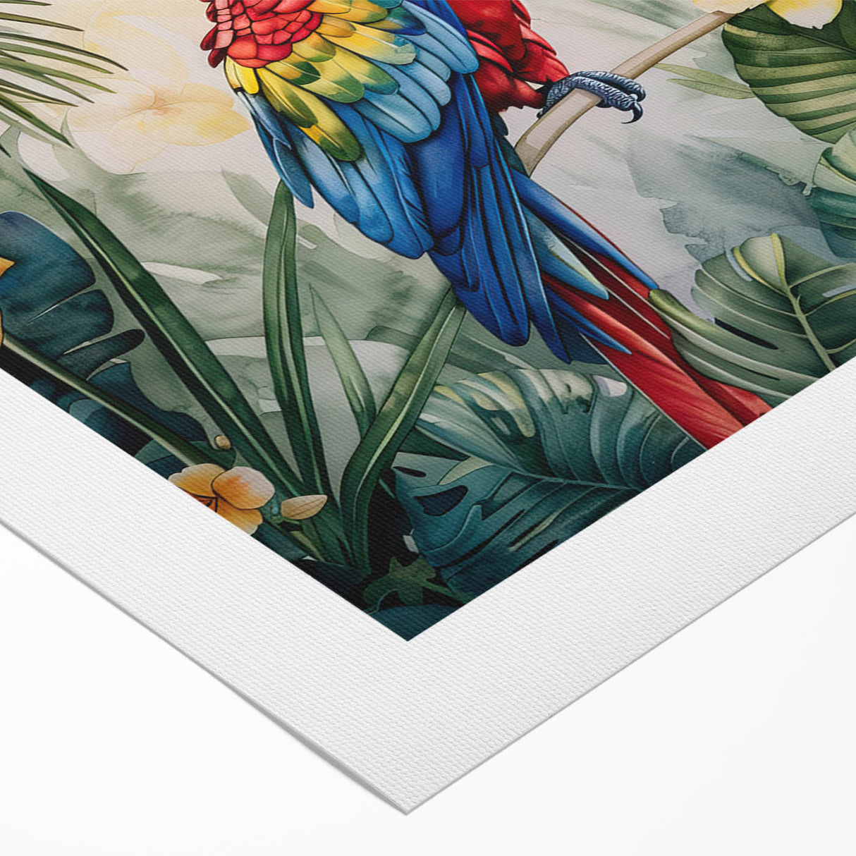 Vibrant rolled canvas wall art showcasing a colorful design of tropical parrots perched on branches, perfect for adding a lively touch to any space.