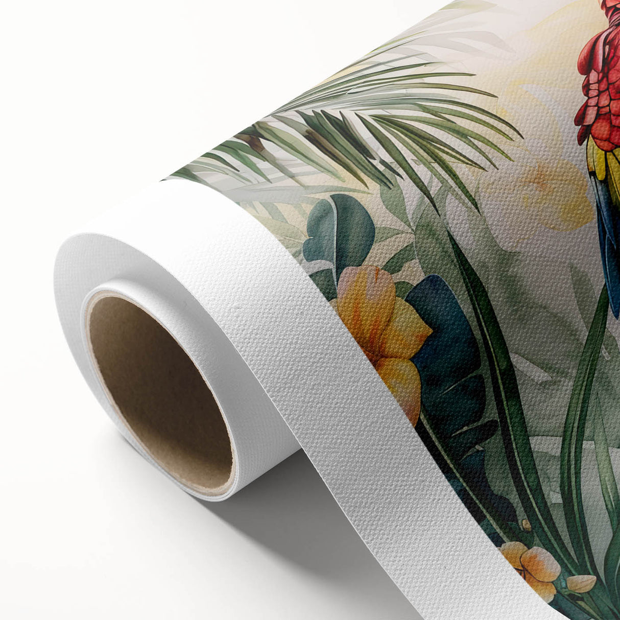 Colorful rolled canvas showcasing a vibrant design of parrots amidst tropical foliage, perfect for home decor. Features intricate details and a textured finish, ideal for bird lovers.