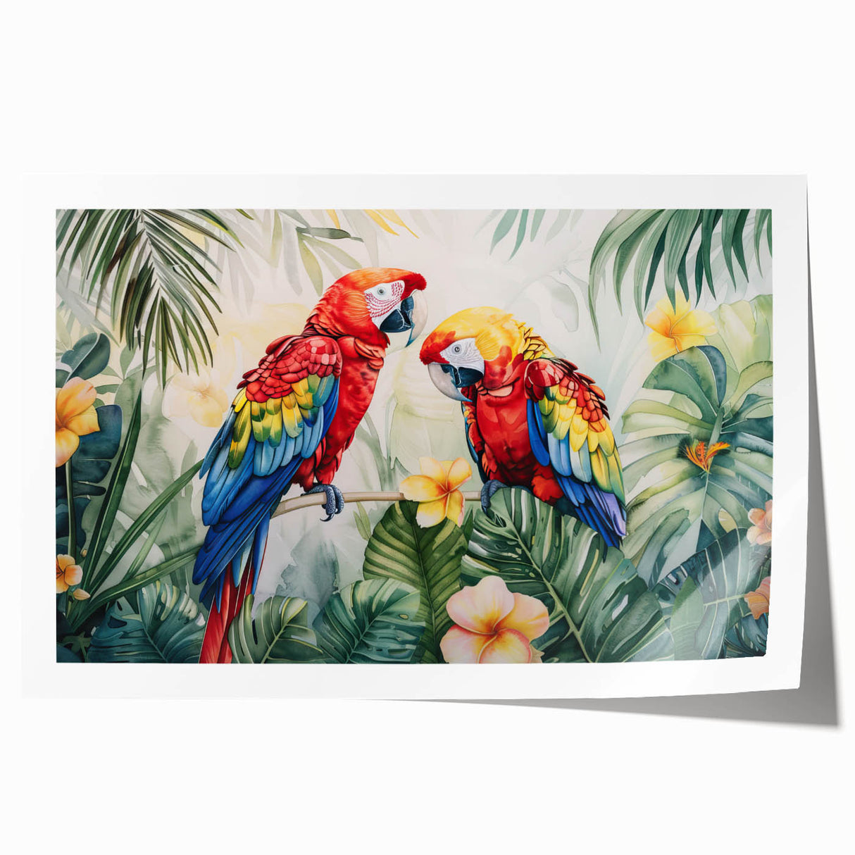 Vibrant rolled print showcasing a colorful parrot design, perfect for home decor, featuring tropical hues on high-quality paper, rolled for easy framing.