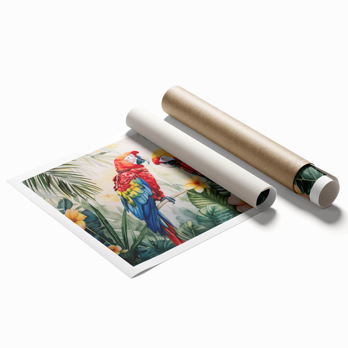 Vibrant rolled print showcasing a colorful collection of parrot wall art, featuring intricate bird designs ideal for home decor, packaged securely in a protective tube.
