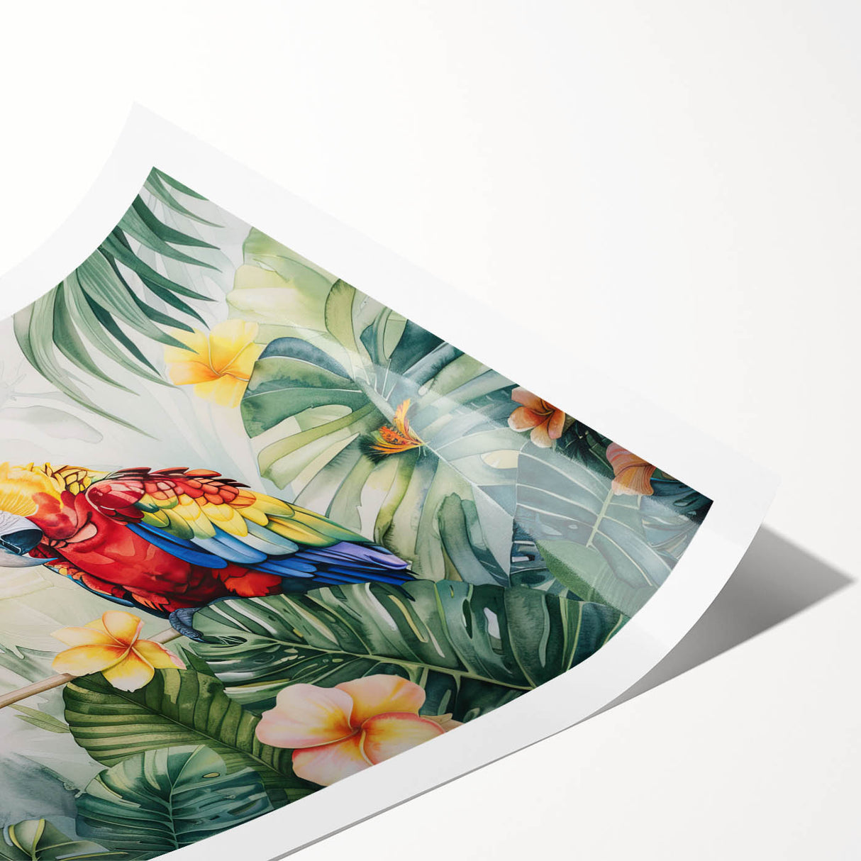 Vibrant rolled print of a parrot design featuring colorful tropical birds against a lush green background, ideal for home decor and art enthusiasts. Perfect for adding a lively touch to any space.