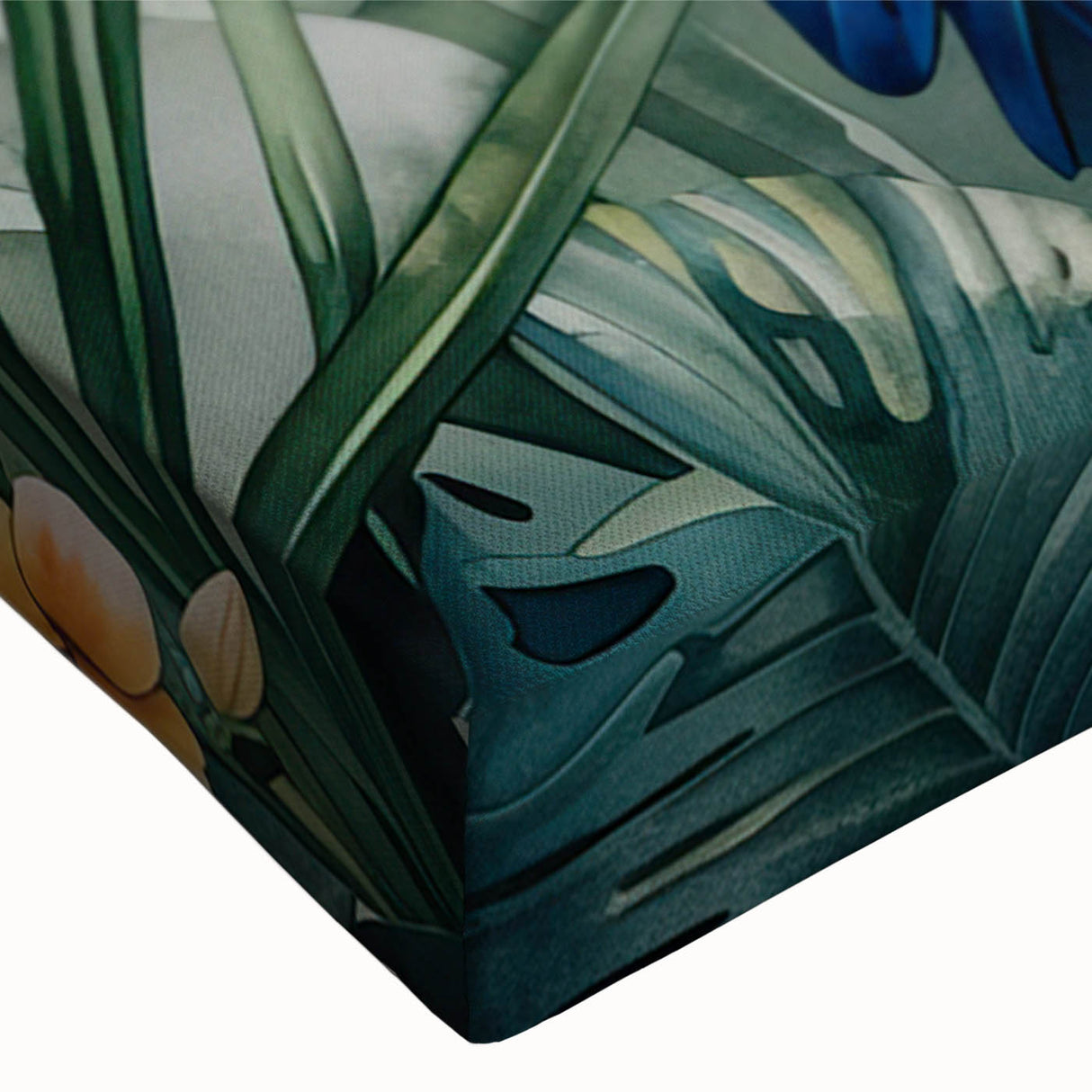 Close-up of a vibrant stretched canvas wall art featuring a colorful parrot design, showcasing intricate details and textures, perfect for enhancing home decor.