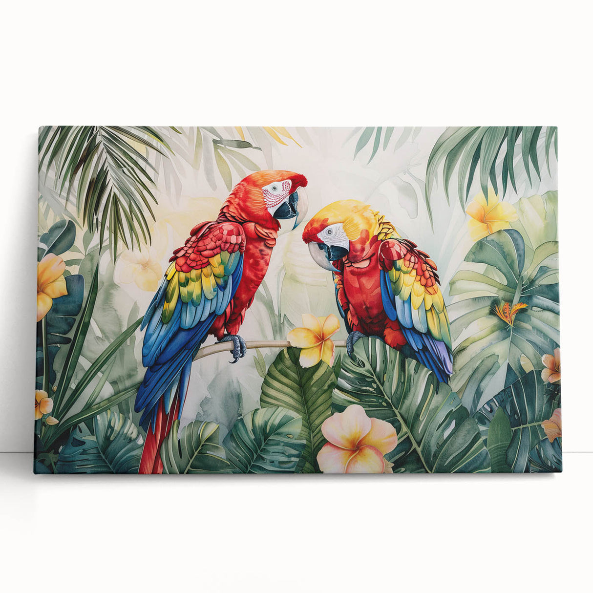 Vibrant wall art featuring an array of colorful parrots perched on branches, designed for a lively home decor accent. Ideal for bird lovers and nature enthusiasts.