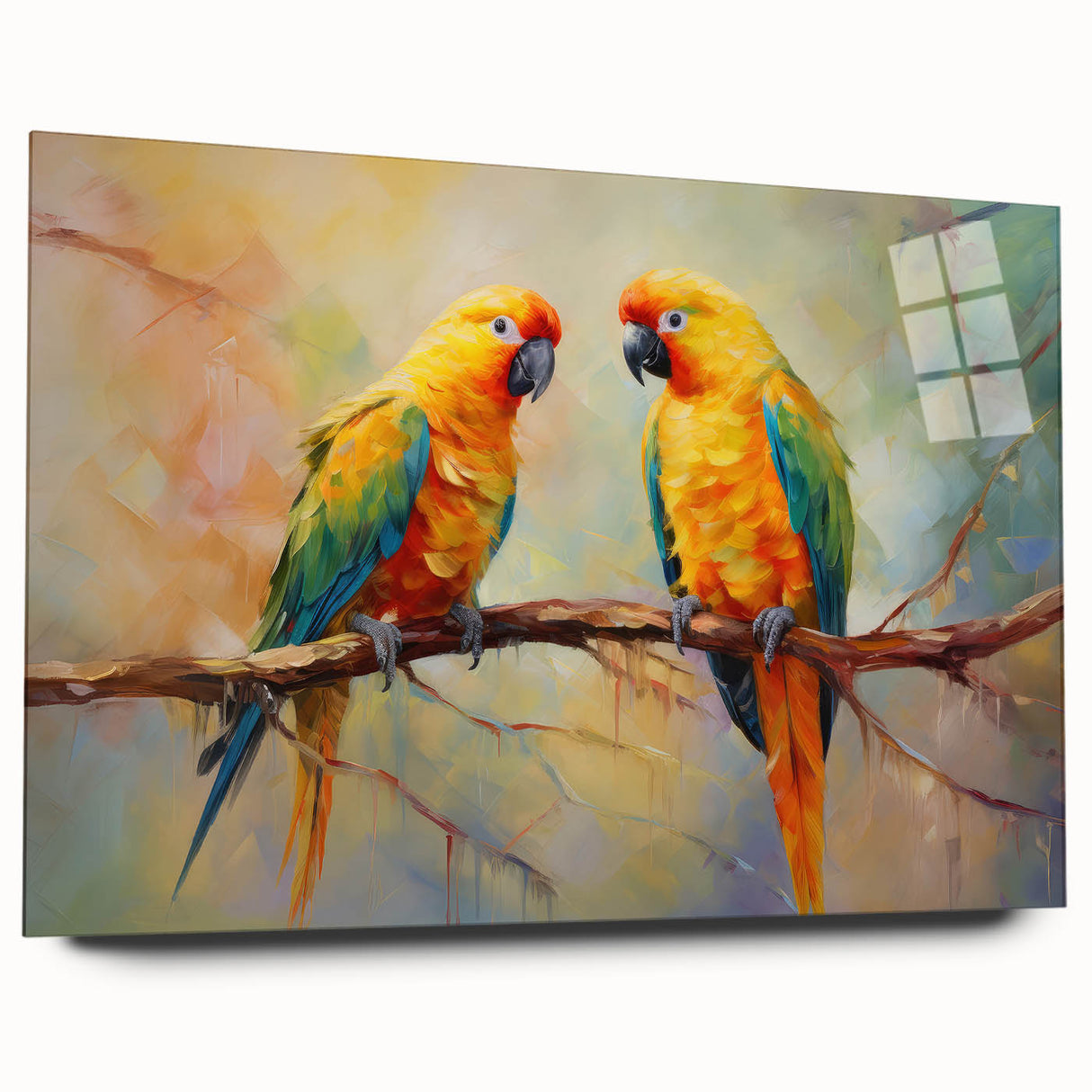 Vibrant acrylic wall art showcasing a collection of colorful parrots in a natural setting, presented in a sleek glass frame, perfect for bird lovers and home decor enthusiasts.
