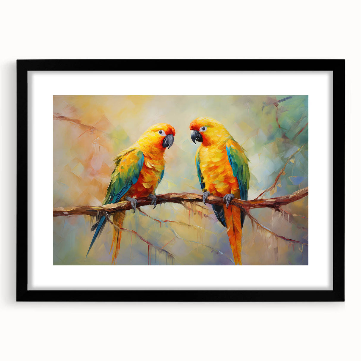 Framed wall art featuring a vibrant design of colorful parrots on a black mat, ideal for enhancing home decor with a tropical theme.