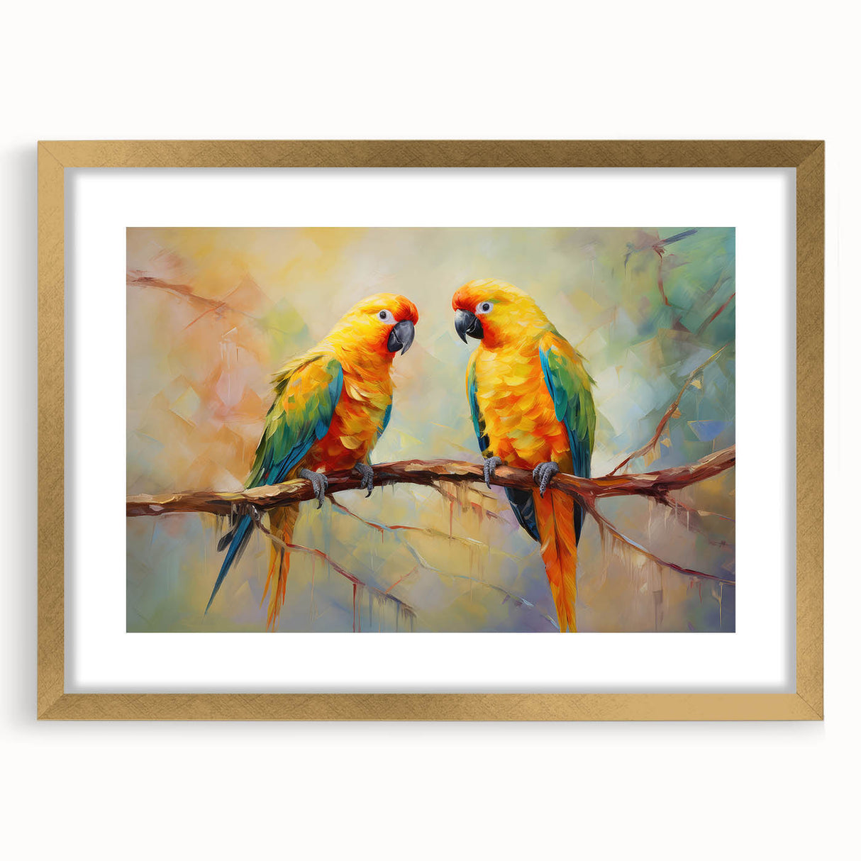 Framed wall art showcasing a vibrant design of colorful parrots, set in a gold frame with a mat, ideal for enhancing home decor with a tropical theme.