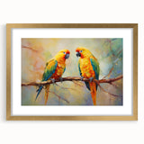 Framed wall art showcasing a vibrant design of colorful parrots, set in a gold frame with a mat, ideal for enhancing home decor with a tropical theme.