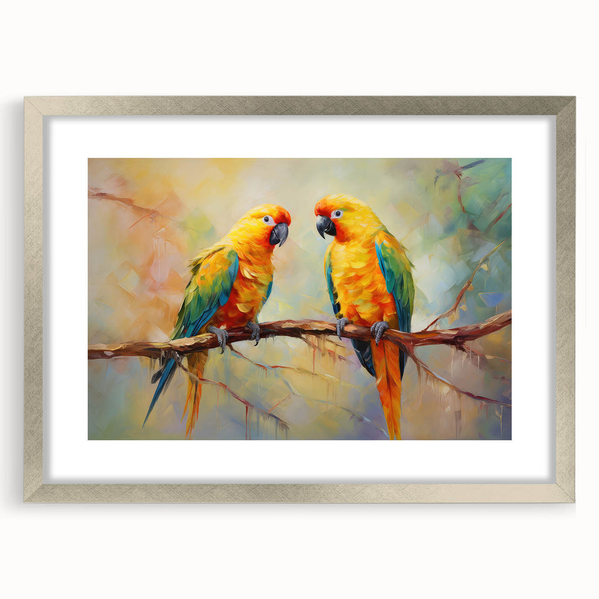 Framed wall art featuring a vibrant design of colorful parrots on a mat, presented in a stylish silver frame, ideal for enhancing modern home decor.