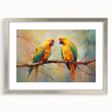 Framed wall art featuring a vibrant design of colorful parrots on a mat, presented in a stylish silver frame, ideal for enhancing modern home decor.
