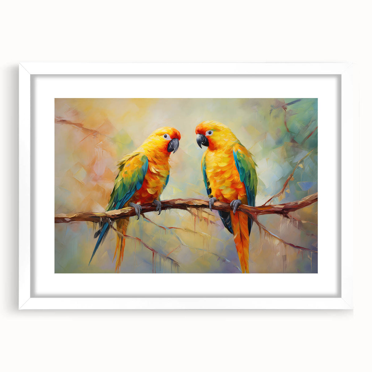 Framed wall art featuring a vibrant parrot design, showcasing colorful birds against a white background, ideal for modern home decor. Perfect for nature lovers and tropical-themed interiors.