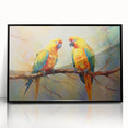 Framed wall art featuring a vibrant design of colorful parrots on a black background, showcasing intricate details and textures, perfect for enhancing home decor.