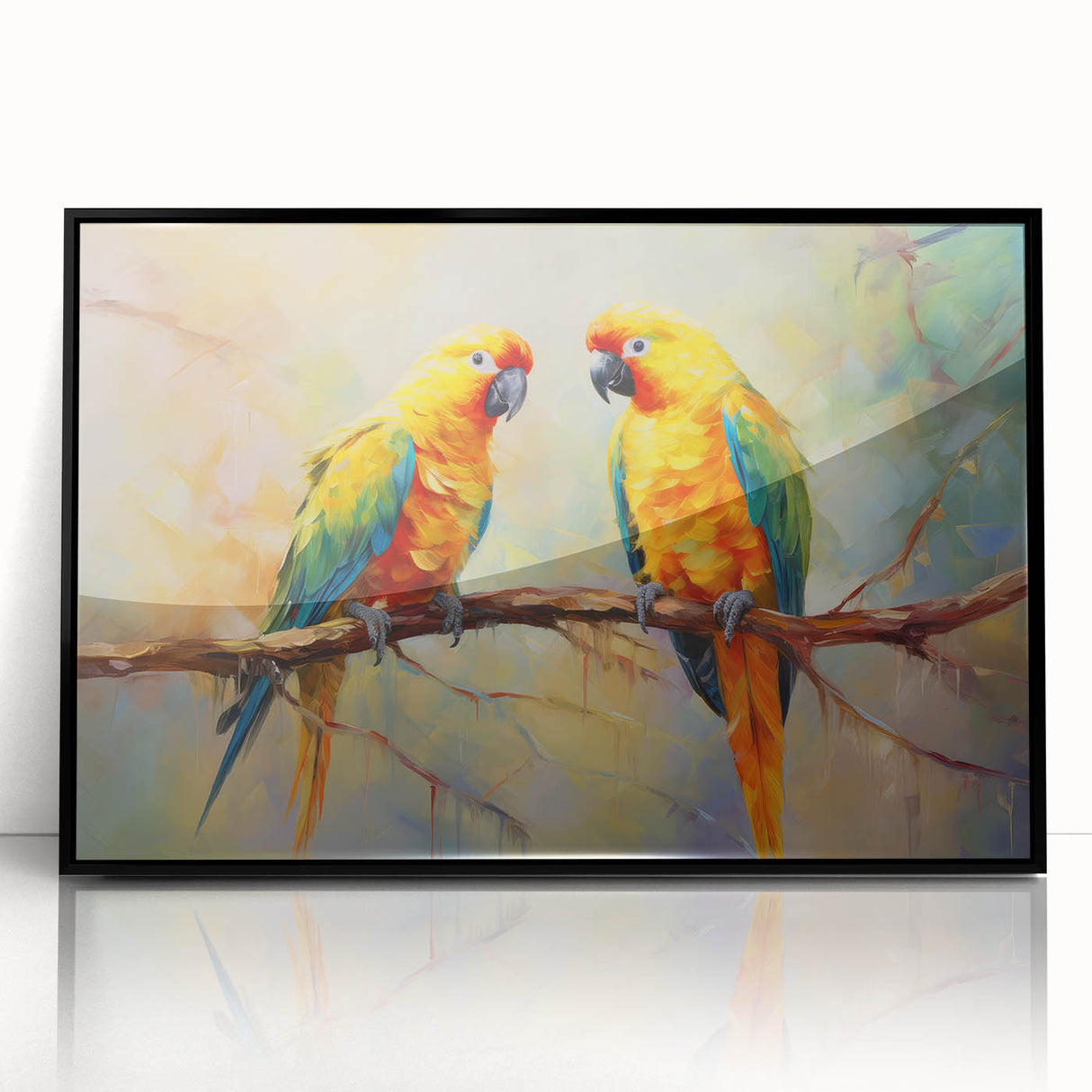 Framed wall art featuring a vibrant design of colorful parrots on a black background, showcasing intricate details and textures, perfect for enhancing home decor.