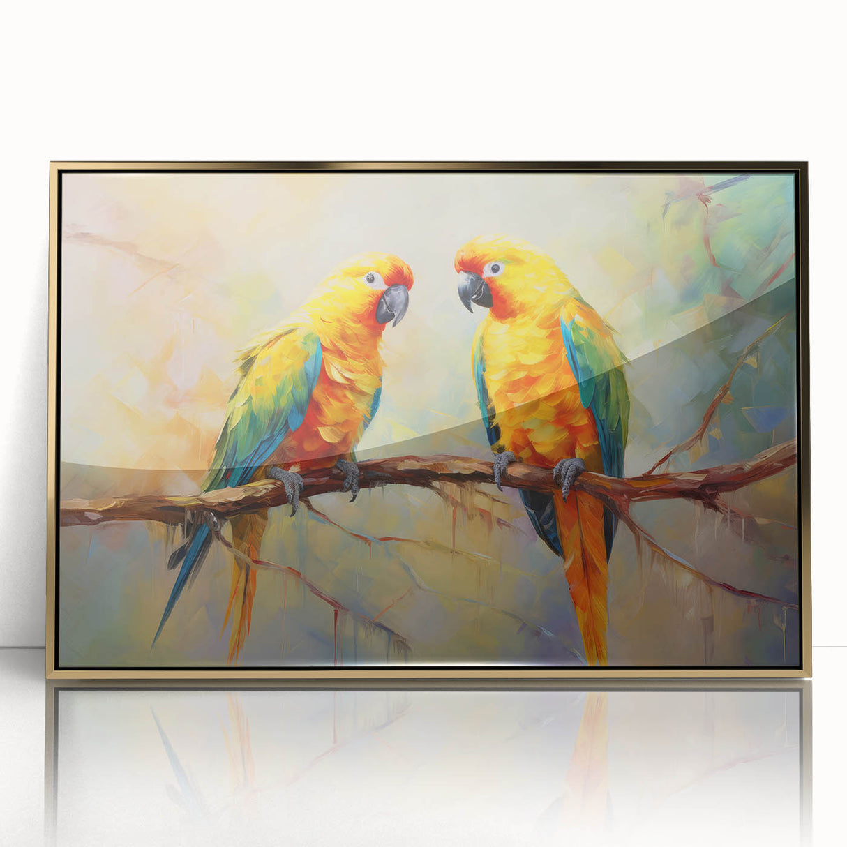 Framed wall art featuring a vibrant design of colorful parrots set against a gold-accented background, showcasing intricate details in feathers and foliage. Perfect for enhancing home decor with a touch of nature-inspired elegance.