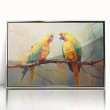 Framed wall art showcasing a vibrant parrot design, featuring bright colors and intricate details, set in a sleek silver frame, perfect for home decor.