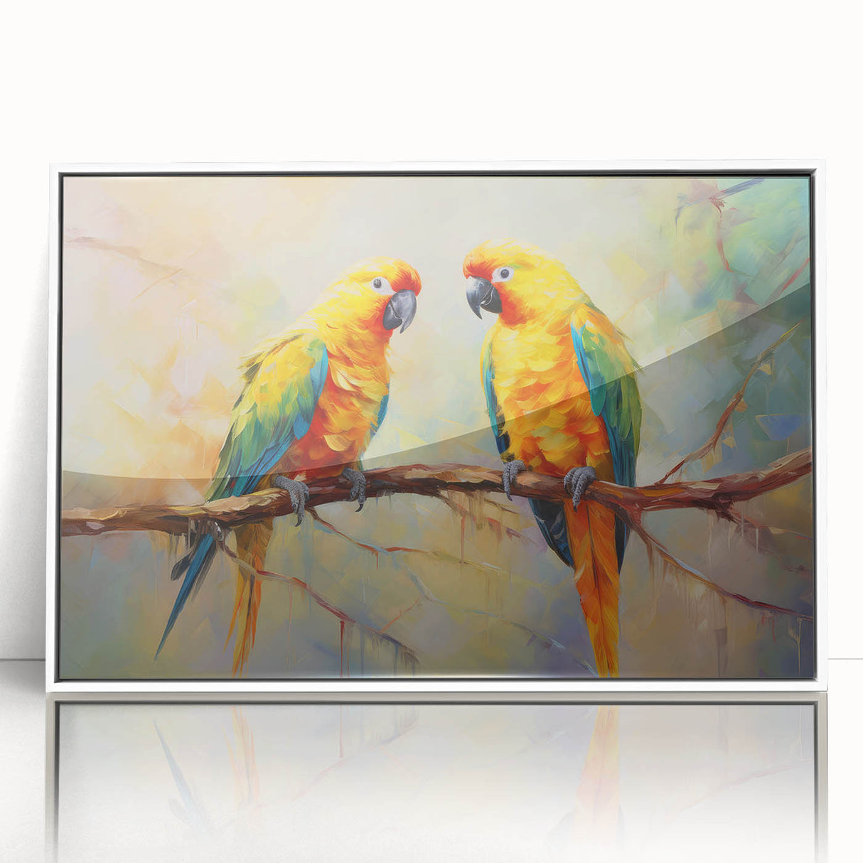 Framed wall art showcasing a vibrant collection of colorful parrots on a white background, perfect for nature enthusiasts and home decor. Ideal for adding a lively touch to any room.