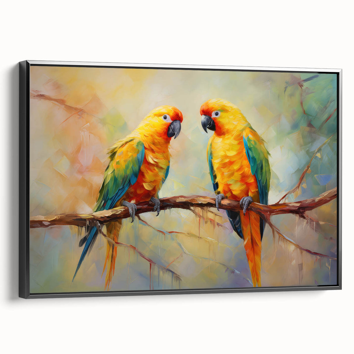Framed canvas wall art showcasing a vibrant design of colorful parrots, with a sleek black frame, ideal for adding a tropical touch to home decor.