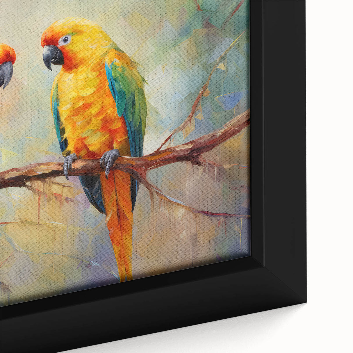 Close-up of a framed canvas wall art featuring vibrant tropical parrots in shades of green, blue, and yellow, perfect for nature-themed decor.