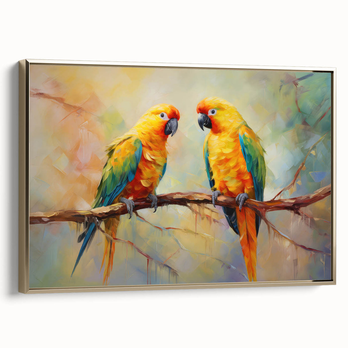 Framed canvas wall art showcasing a vibrant parrot design in gold tones, ideal for tropical-themed decor, enhancing living spaces with its colorful presence.