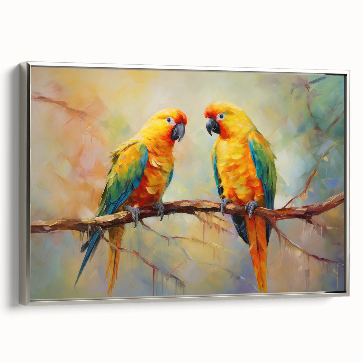 Framed wall art showcasing a vibrant design of colorful parrots perched on branches, featuring a sleek silver frame and ideal for enhancing home decor.