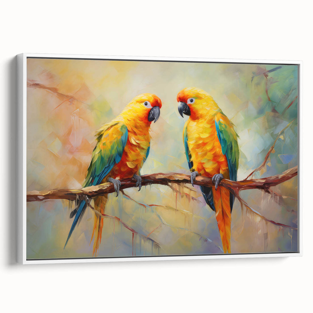 Framed canvas wall art featuring a vibrant design of colorful parrots against a white background, perfect for enhancing modern home decor. The artwork adds a lively touch to any room with its detailed depiction of tropical birds, ideal for bird lovers and nature enthusiasts.