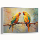 Framed canvas wall art featuring a vibrant design of colorful parrots against a white background, perfect for enhancing modern home decor. The artwork adds a lively touch to any room with its detailed depiction of tropical birds, ideal for bird lovers and nature enthusiasts.