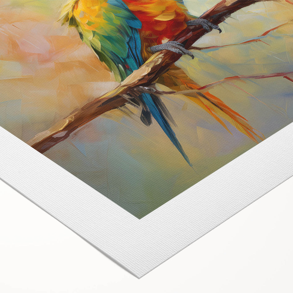 Vibrant rolled canvas wall art featuring a colorful design of parrots in a tropical setting, ideal for enhancing home decor with nature-inspired aesthetics.