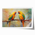 Vibrant rolled print showcasing a colorful design of various parrots perched on branches, ideal for enhancing home decor with tropical flair. Perfect for bird lovers and art enthusiasts.