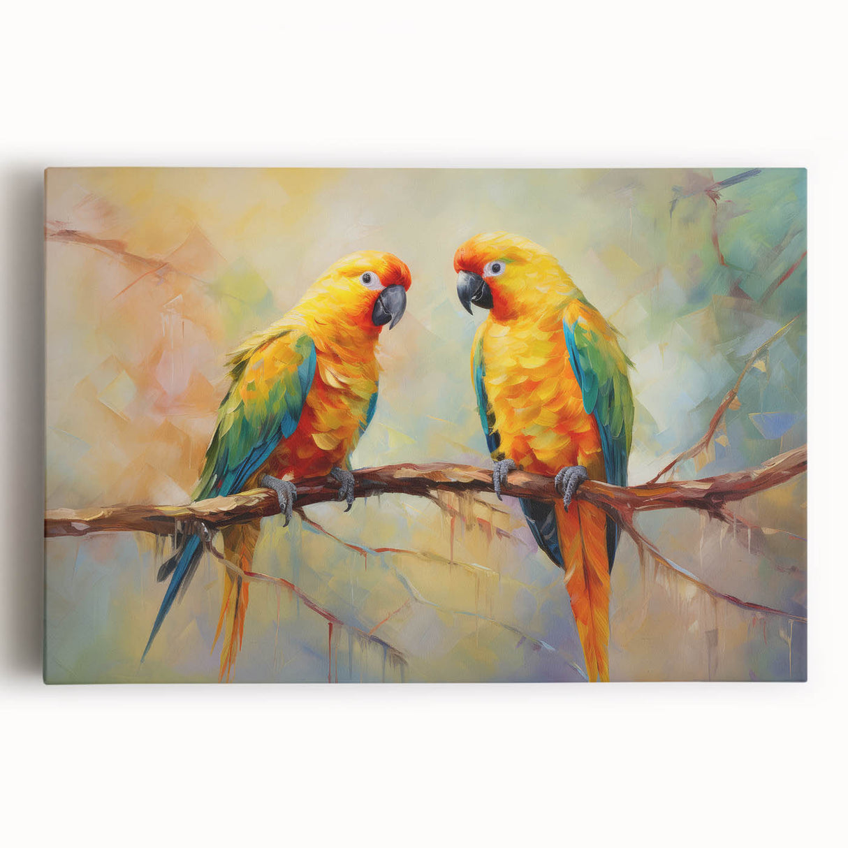 Colorful parrot canvas wall art featuring vibrant birds perched on branches, ideal for home decor, showcasing tropical themes and exotic wildlife.