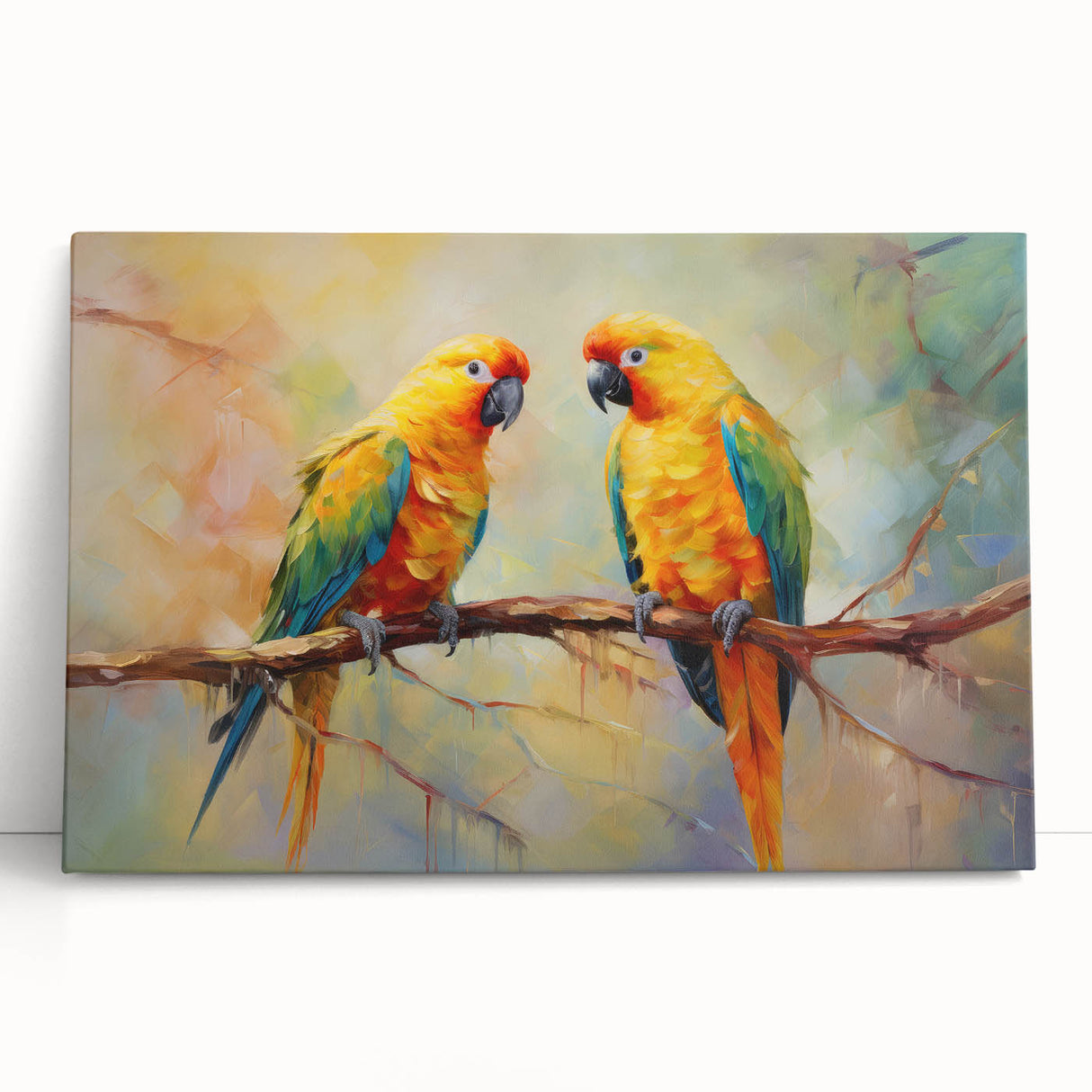 Vibrant stretched canvas wall art featuring a colorful parrot design, perfect for adding a tropical touch to any room decor. Ideal for bird lovers and nature enthusiasts.
