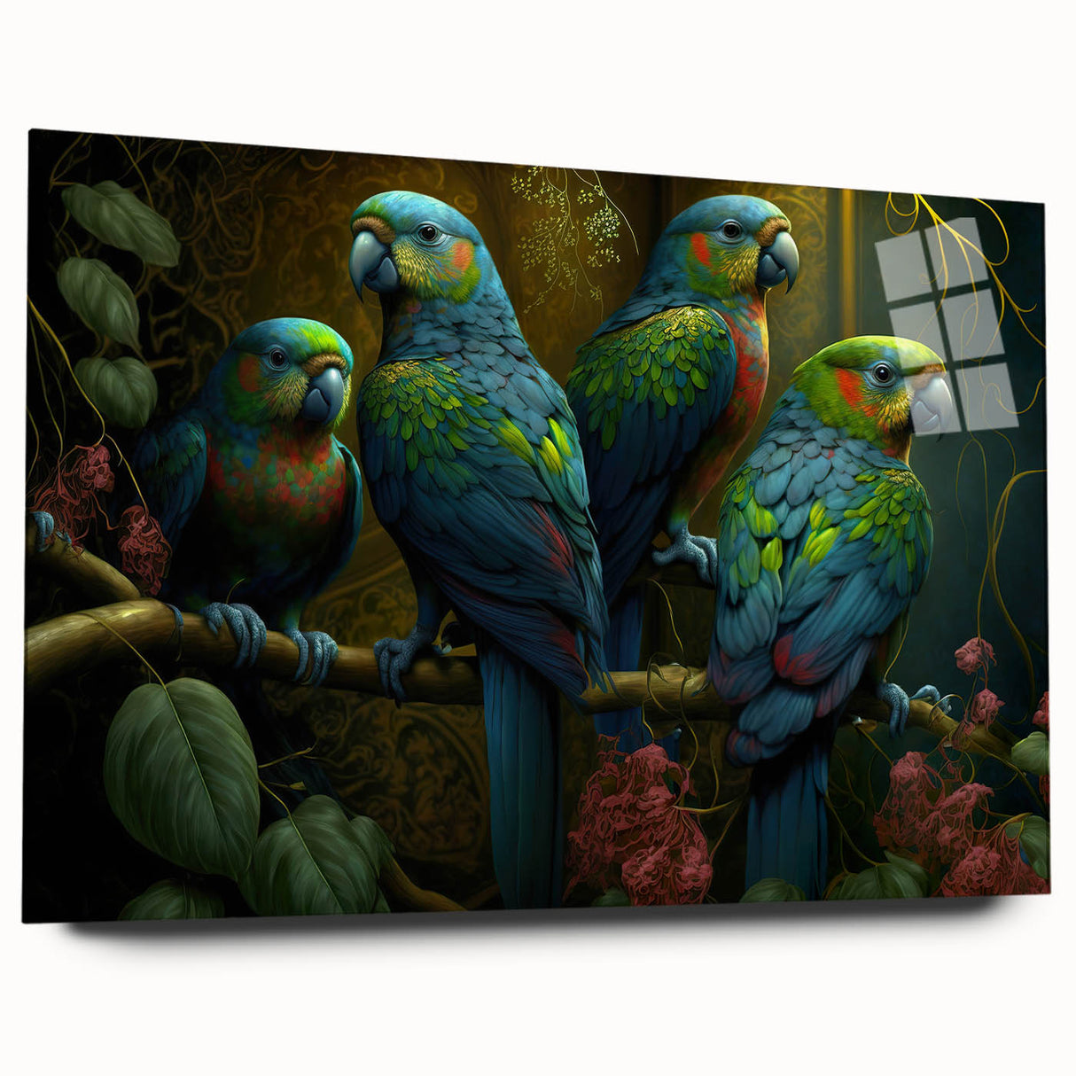 Colorful parrot wall art design displayed in a sleek acrylic frame, showcasing vibrant bird illustrations on a glass surface, perfect for modern decor.