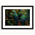 Framed wall art featuring colorful parrot designs on a black background, showcasing vibrant hues and intricate details, perfect for enhancing any living space decor.