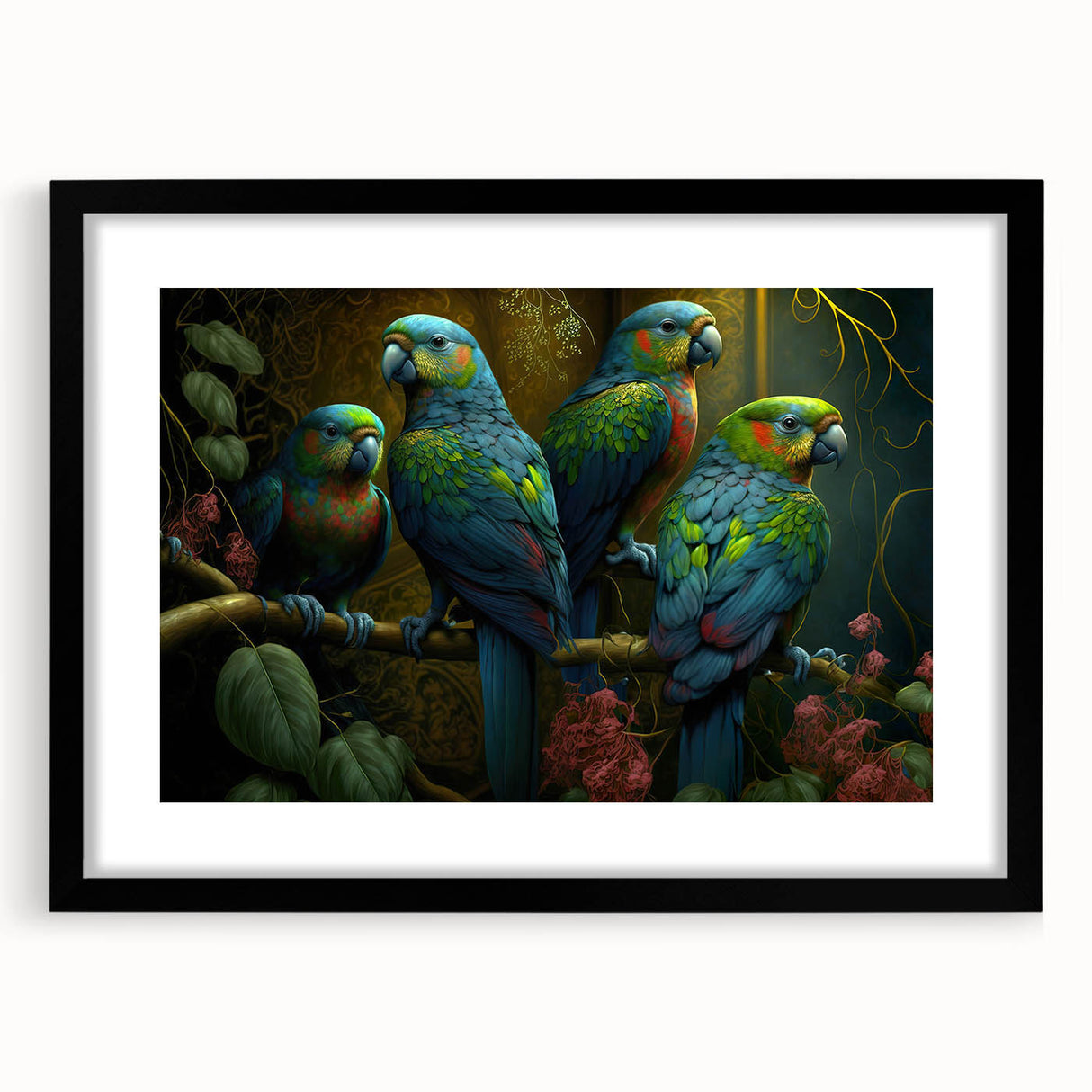 Framed wall art featuring colorful parrot designs on a black background, showcasing vibrant hues and intricate details, perfect for enhancing any living space decor.