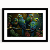 Framed wall art featuring colorful parrot designs on a black background, showcasing vibrant hues and intricate details, perfect for enhancing any living space decor.