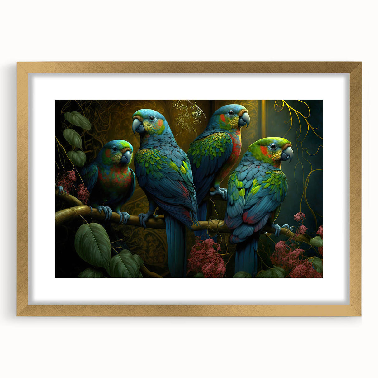 Elegant wall art display featuring a framed collection of colorful parrot designs with a gold mat, perfect for adding a vibrant touch to home decor.